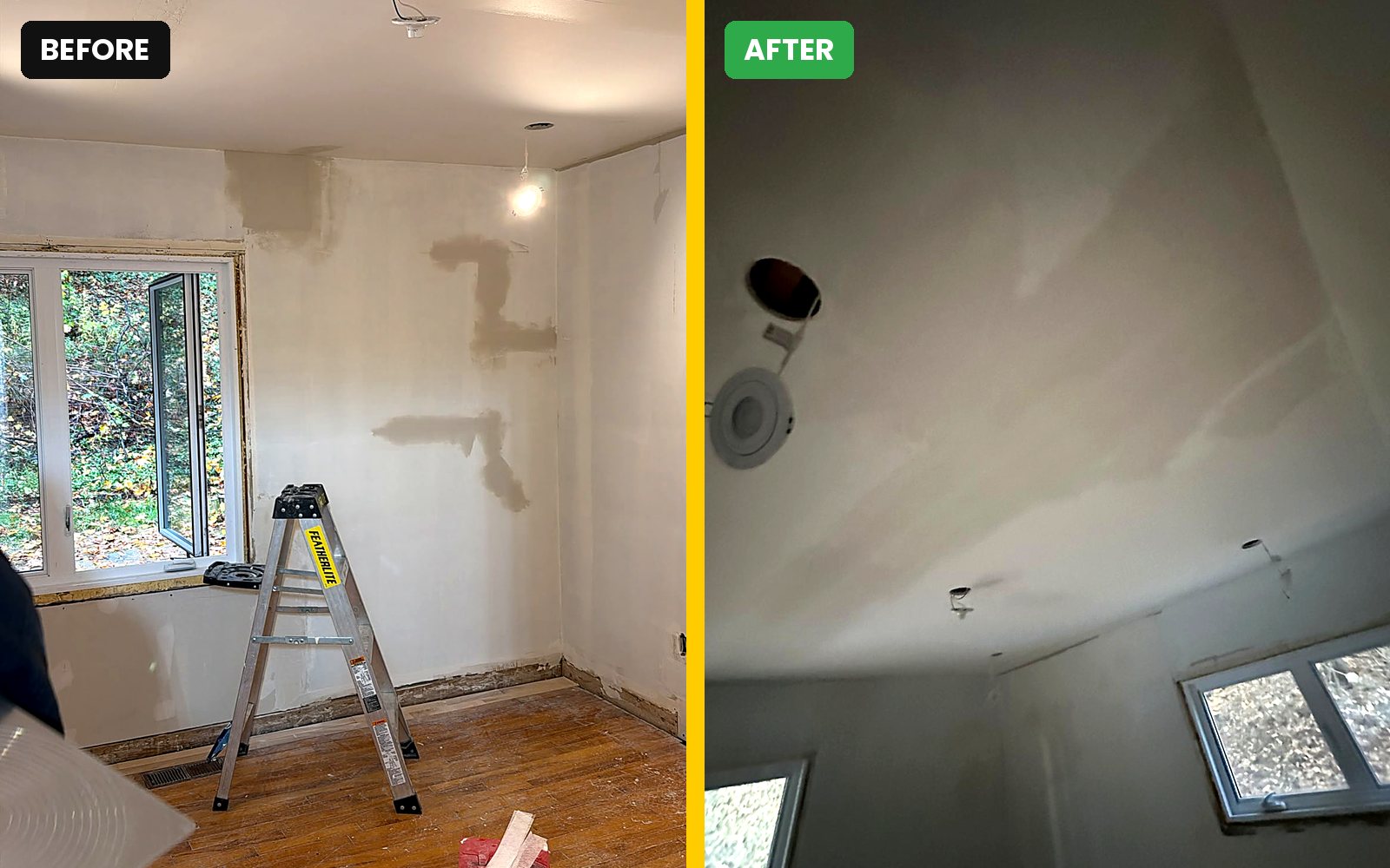 Cracked ceiling, repaired – before and after, Buildrex Construction in Hudson