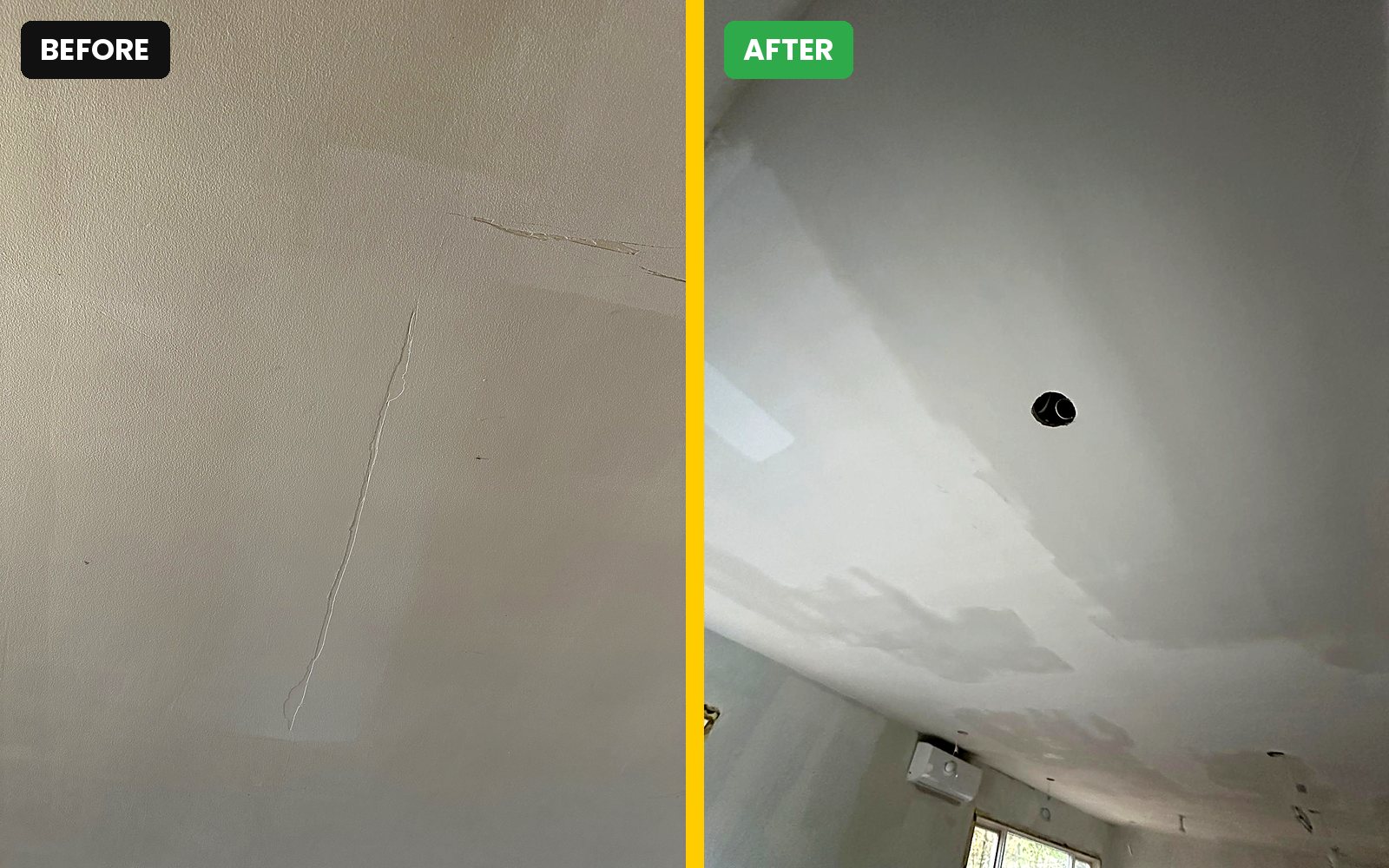 Ceiling crack – close-up – before and after, Buildrex Construction in Hudson