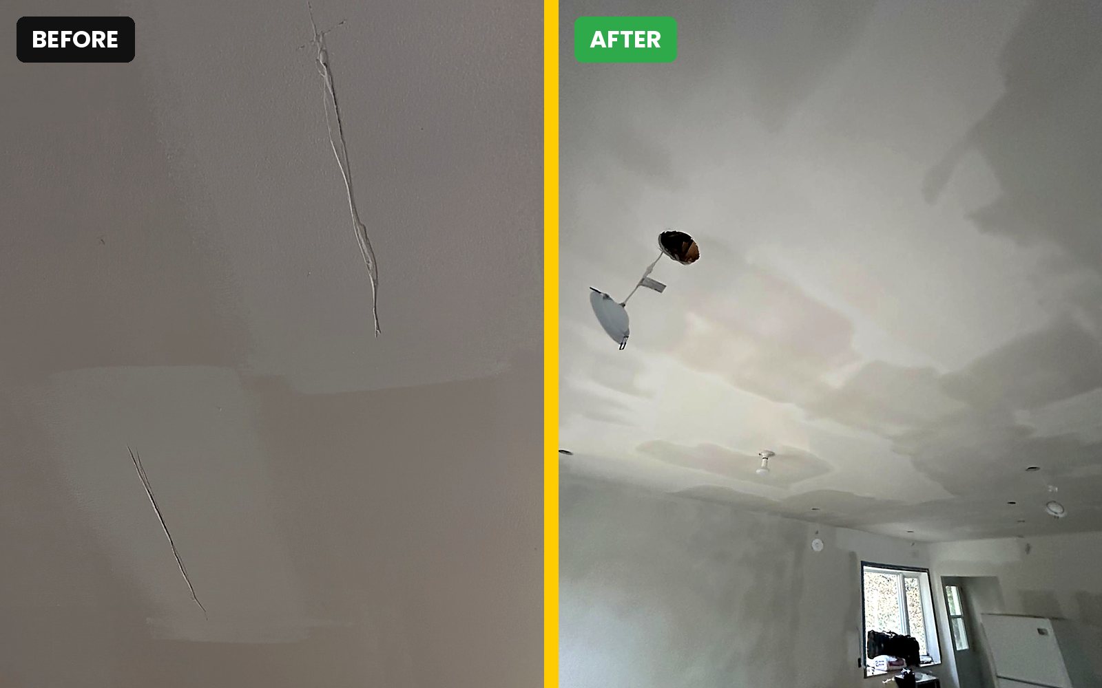 Ceiling cracks – close-up – before and after, Buildrex Construction in Hudson
