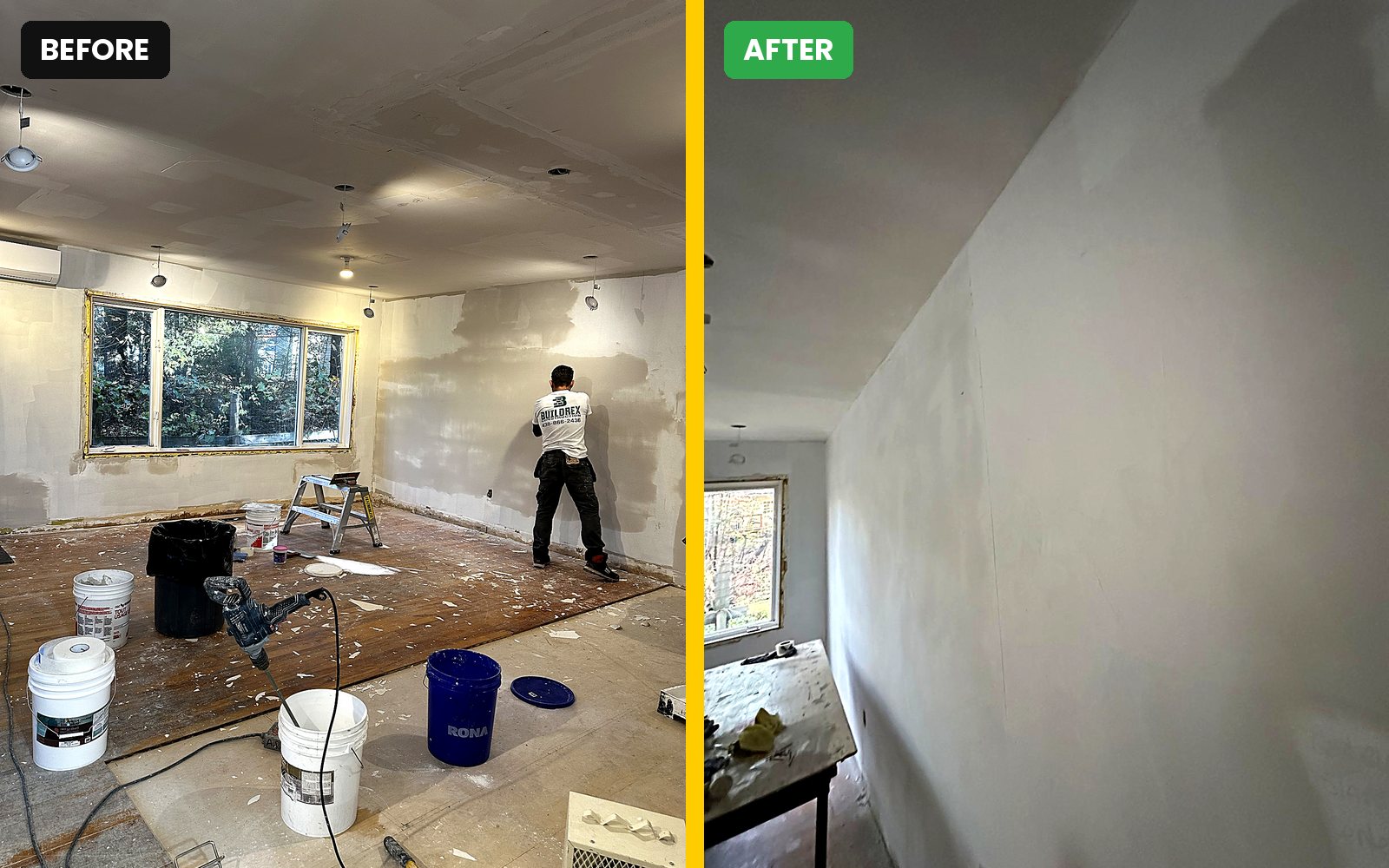 Living room wall – before and after, Buildrex Construction in Hudson